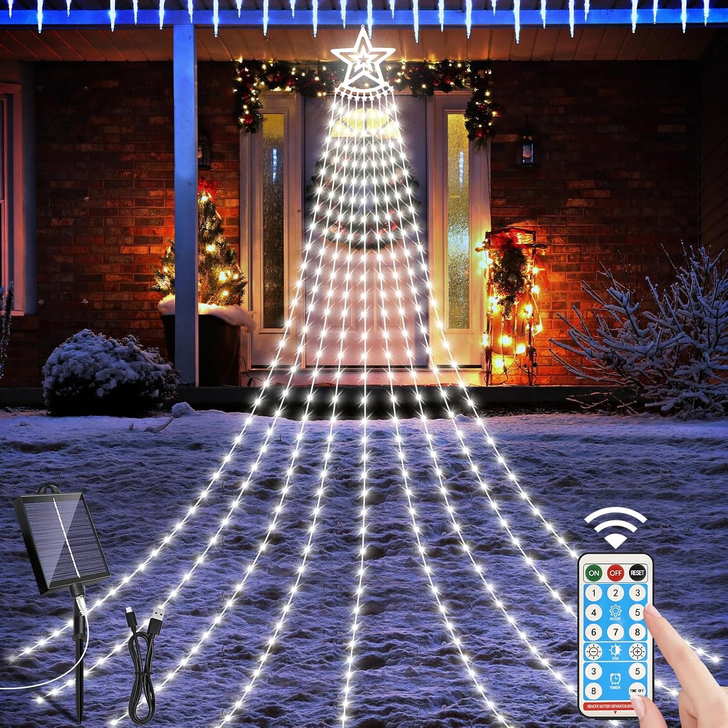 HELESIN Solar Outdoor Christmas Decorations Lights, 350LED Christmas Star Tree Light wth Remote Control, 8 Modes Waterfall Lights USB Charge for Holiday Xmas Tree Patio Yard Decor, Cold White