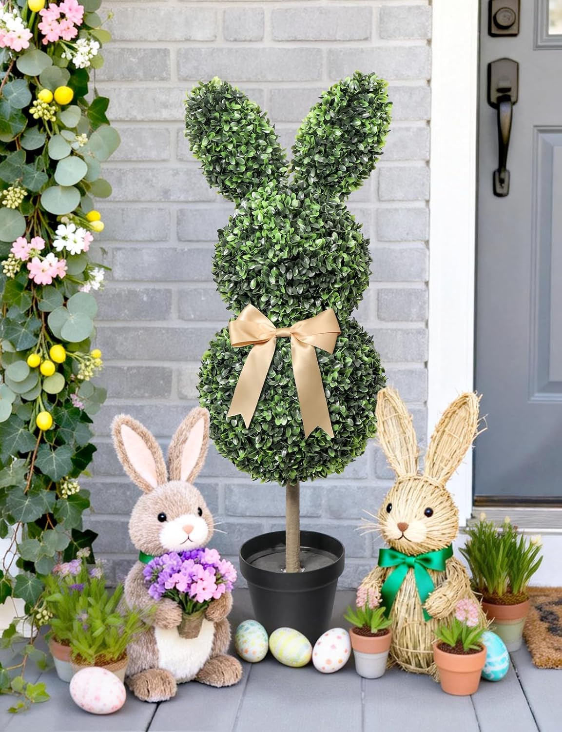 Artificial Bunny Shaped Topiary Tree with Bow, 2 Pcs Easter Rabbit Boxwood Topiaries Plant, 3 Ft Easter Decorations with Planter Pot, Spring Decor for Front Porch, Patio, Lawn, Backyard & Indoor Decor