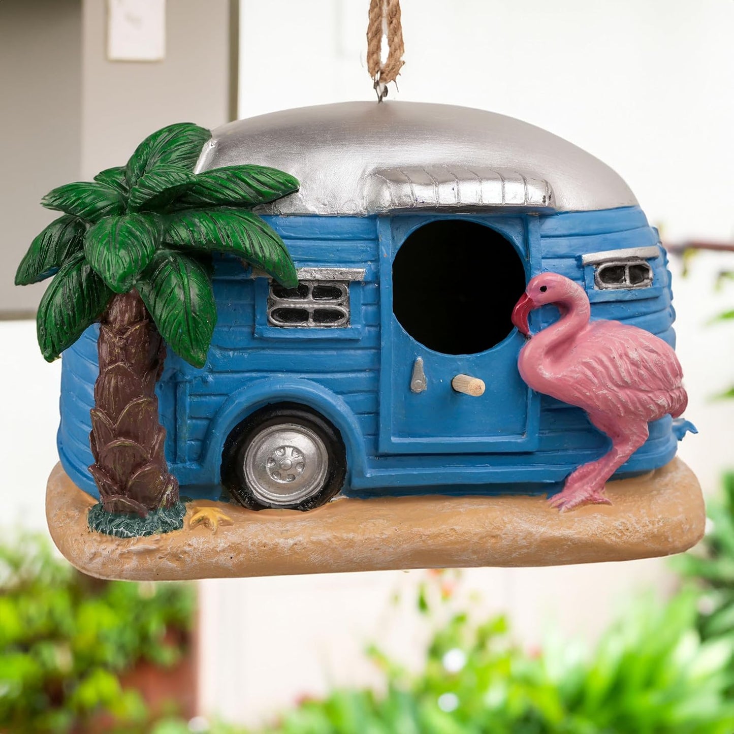 Bird Houses for Outside, Decorative Cute Resin Flamingo RV Hanging Bird House for Outdoor Patio Garden
