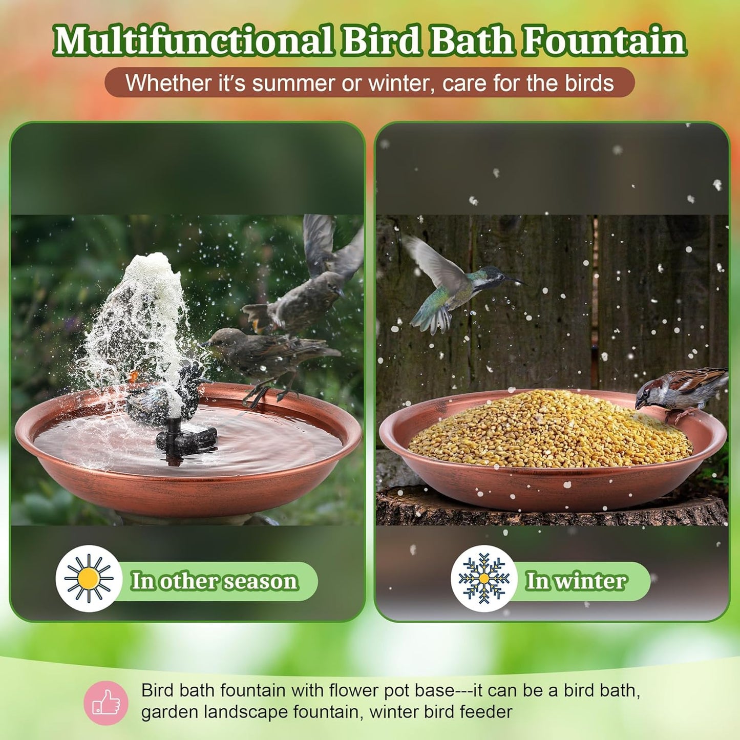 Bird Bath Fountain for Outside, 13.5" Garden Metal Bird Bath Bowl with 8W Water Pump, 2 Nozzles Adjustable Water Fountain for Backyard Patio Garden and Outdoor Water Features