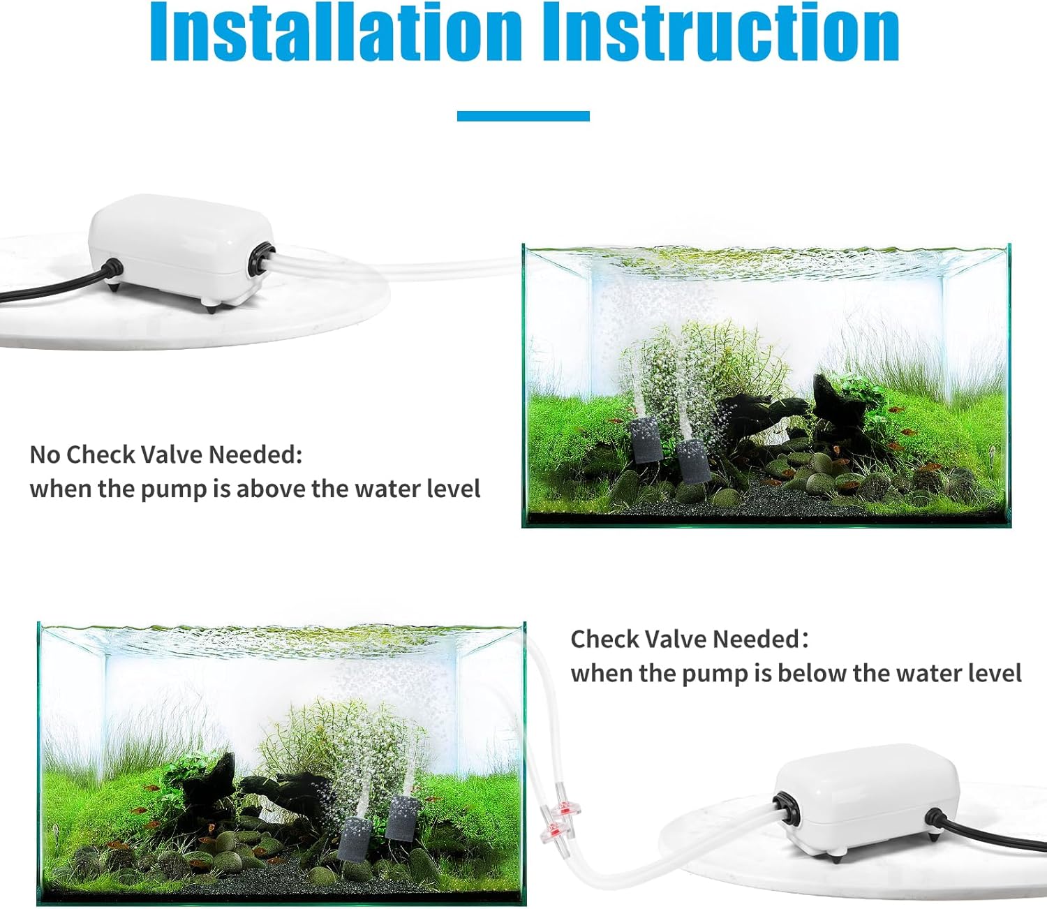 AQUANEAT Aquarium Air Pump for 20-210 Gallon Tank, Fish Air Bubbler, H