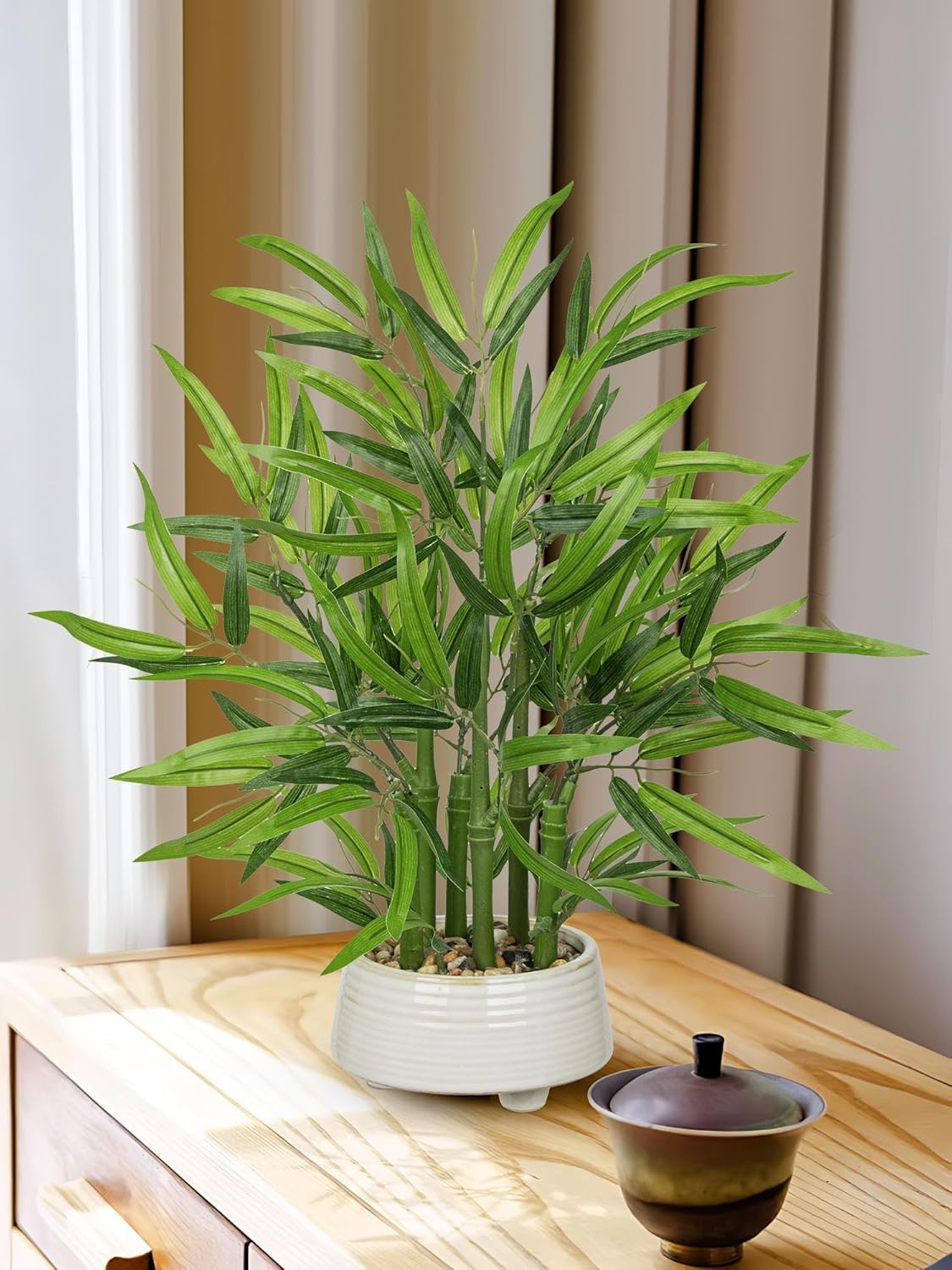 Artificial Bamboo in White Ceramic Potted Fake Bamboo Plant-Faux Tree in Pot for Farmhouse Home Living Room Desk Indoor Outdoor Decor