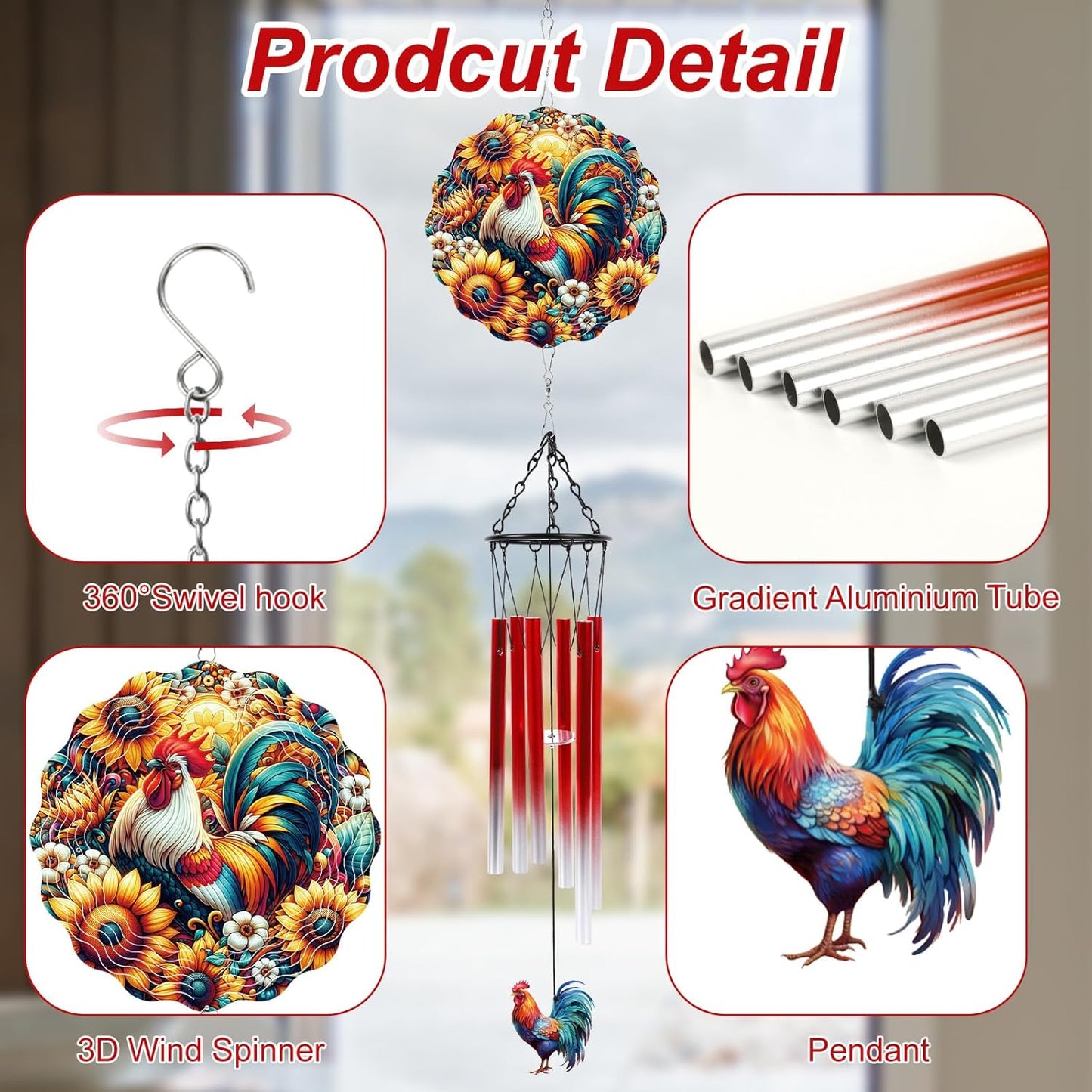 Windchimes with Wind Spinner Outdoors, Rooster Wind Chimes Gifts for Women Mom Sisters, Metal 3D Hanging Ornaments Decor for Garden Outside Yard