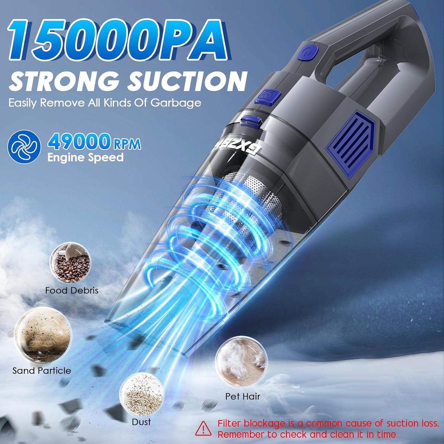 Handheld Vacuum Cordless, 15000PA Strong Suction Hand Held Car Vacuum 