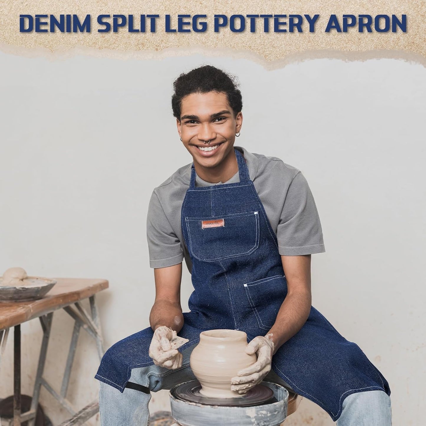 Cuffbow 2 Pcs Pottery Apron 35.4 x 27.6'' Denim Split Leg Apron with Tool Pockets Adjustable Strap Artist Potters for Ceramics Clay Tattoo Painting DIY, Blue, Black