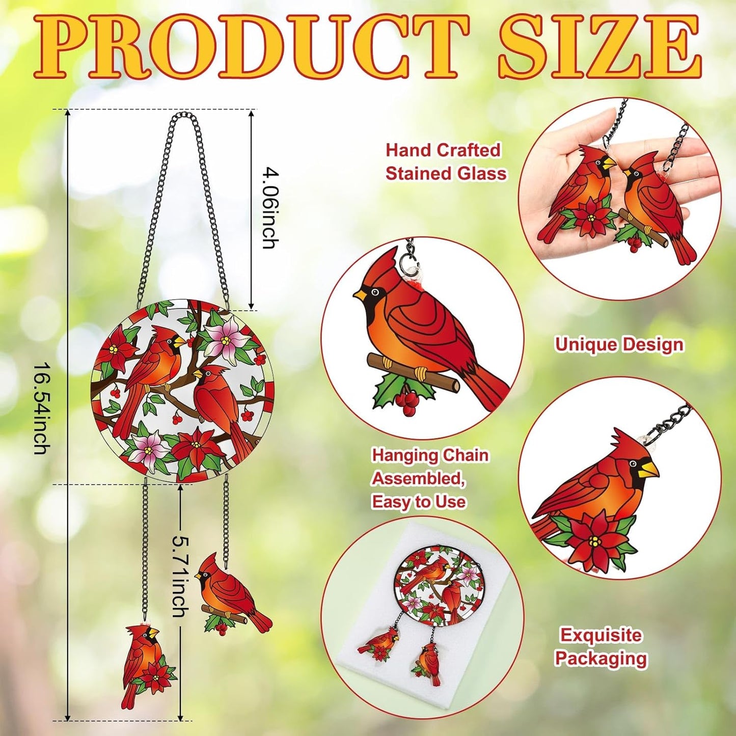 Cardinal Stained Glass Suncatcher for Window Hanging Birds 6.3" Staine