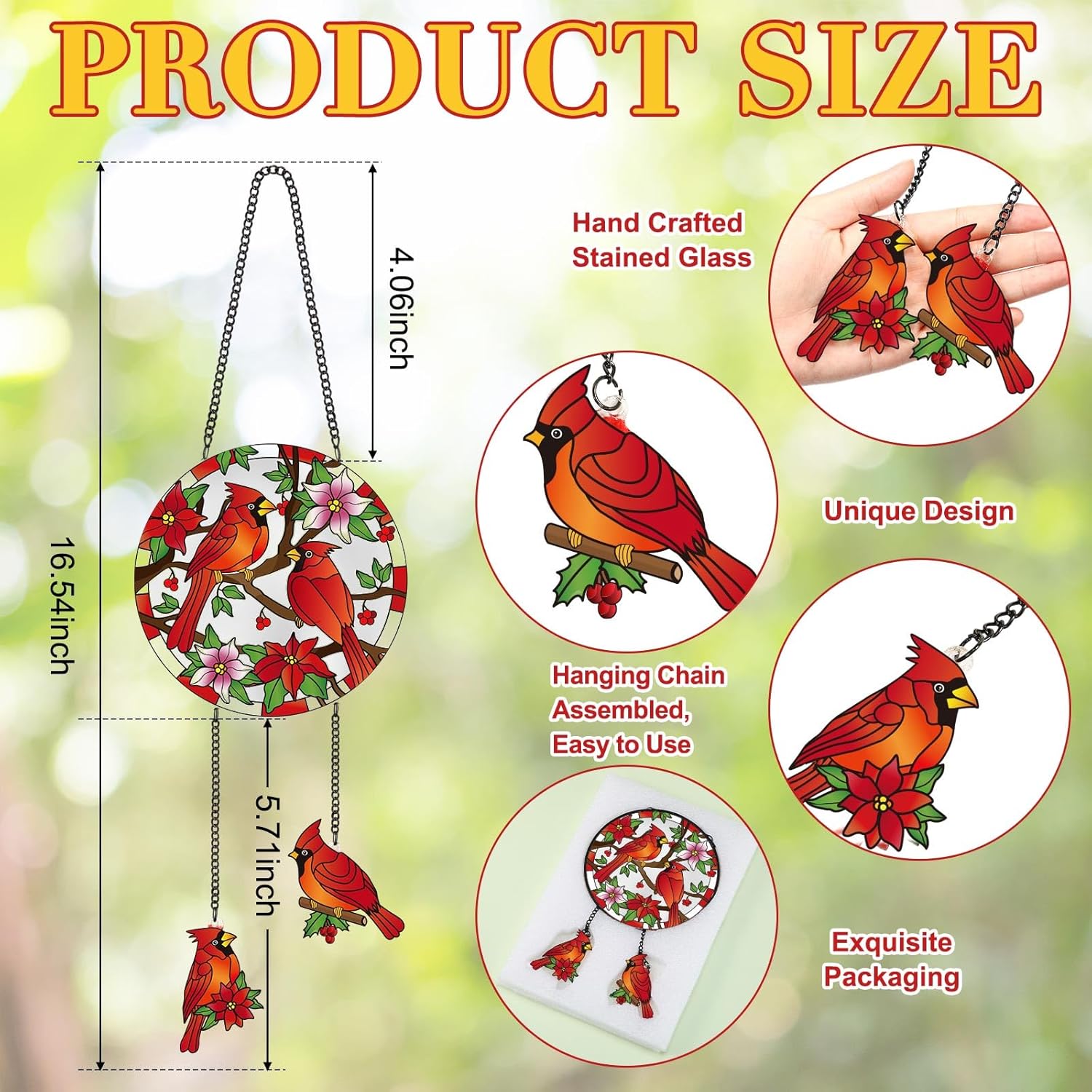 Cardinal Stained Glass Suncatcher for Window Hanging Birds 6.3" Staine