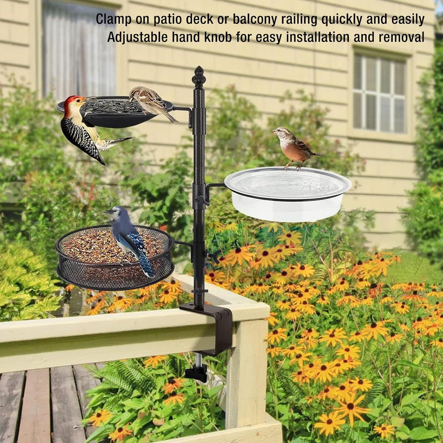 ZJchao Deck Bird Feeder Railing Mount Three Trays Bath Fence Outdoor Balcony Bird Watching Attract Variety Metal Stand Weather Easy Installation