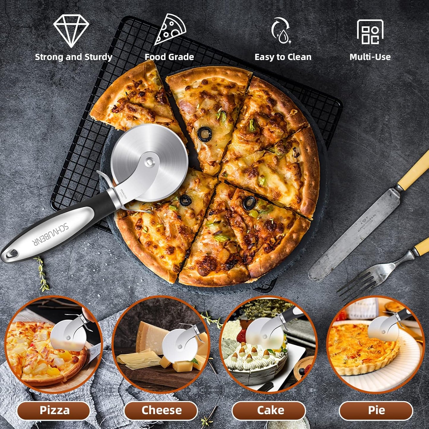 SCHVUBENR Premium Pizza Cutter Wheel - Ultra Sharp Stainless Steel Pizza Slicer with Non-Slip Soft Grip Handle - Multi-Purpose Cutter for Pizza, Dough & Pastry - Dishwasher Safe, Easy to Clean - Black