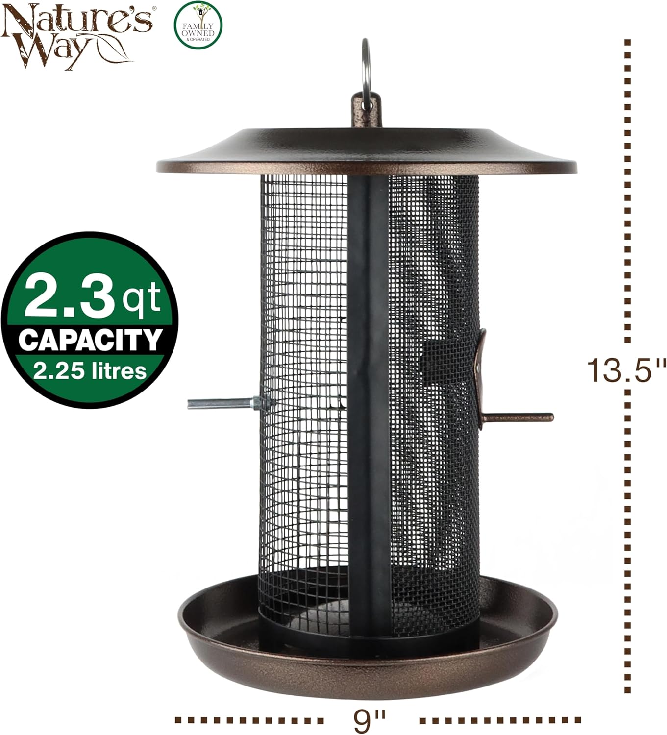 Nature’s Way Beloved Bronze Dual-Chamber Metal Mesh Bird Feeder for Outdoor Décor, 2.375 Qt Capacity with Easy Clean Design, Seed Tray Drainage & Powder-Coated Metal, Bronze