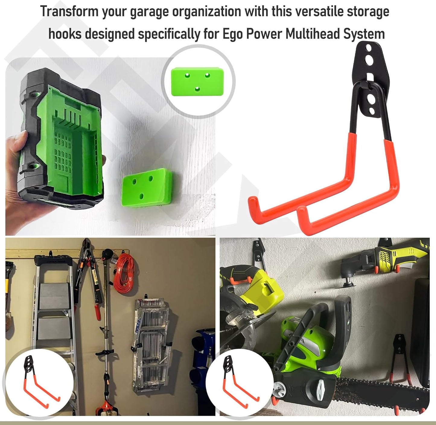 Garage Hooks for Hanging Bike, Utility Steel Garage Storage Hook for Hanging Bike, Ladder and Garden Tools w/Garage Storage Hooks Attachment & Battery Mount Holder for Ego