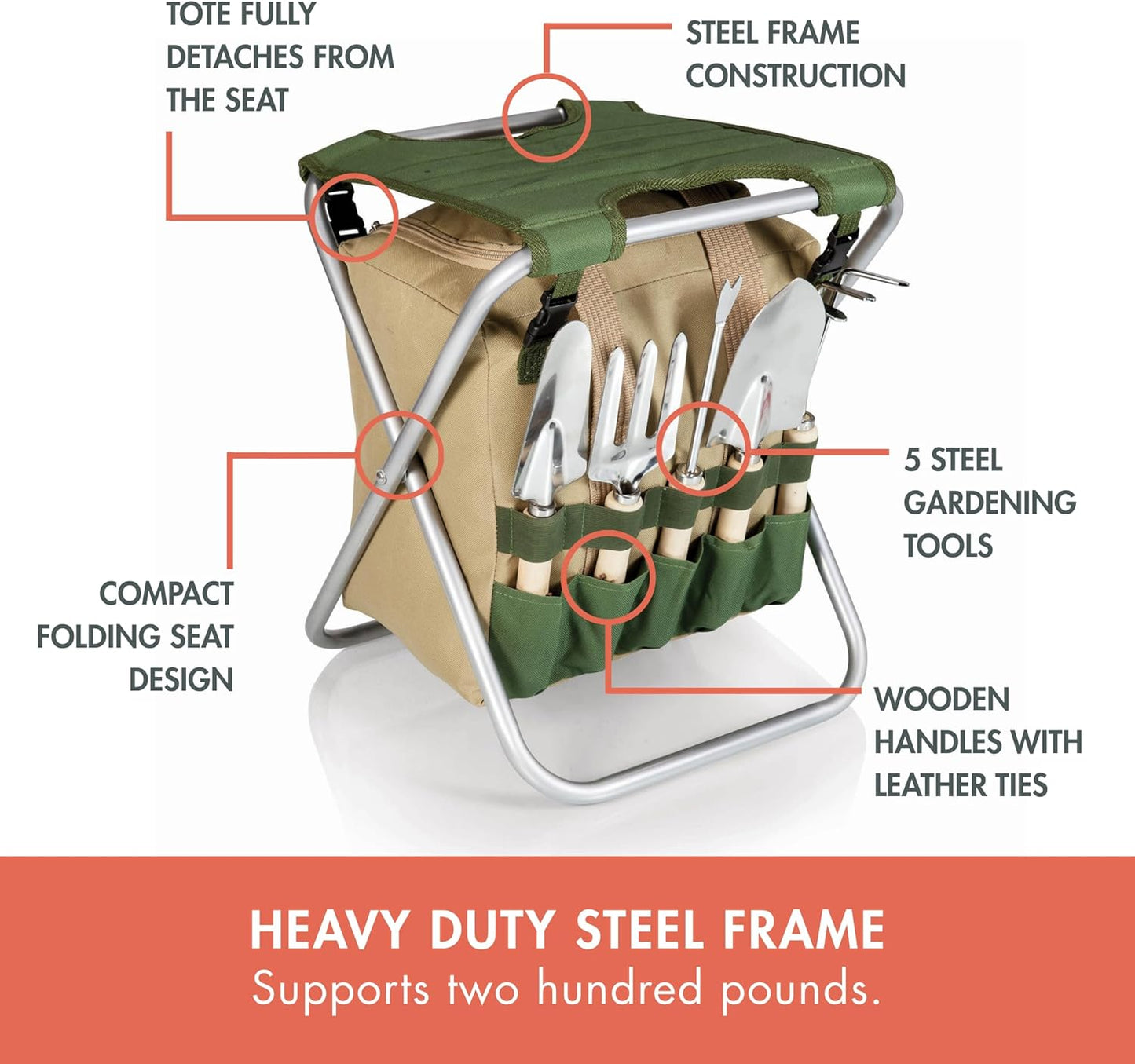PICNIC TIME Garden Kneeler and Seat, Folding Gardening Bench, Portable Garden Stool and Kneeler with Detachable Tote Organizer for Weeding & Yard Work (Olive Green with Beige Accents)