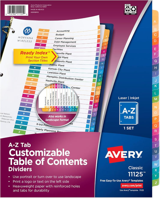 Avery A-Z Dividers for 3 Ring Binders, 26 Tabs per Set, Customizable Table of Contents, Multicolor Tabs, Great for Organizing Reports, Projects, and More (11125)