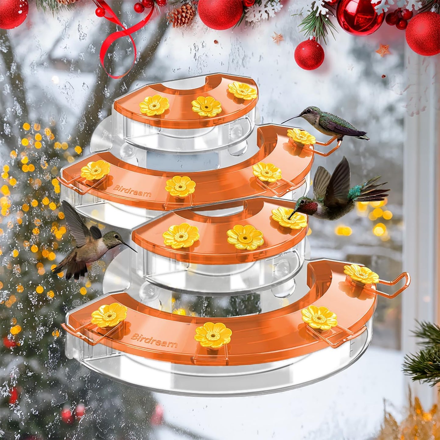 Birdream Window Hummingbird Feeders for Outdoors, with Strong Suction Cups & 7 Feeding Ports, Easy to Use and Maintain, Gift for Bird Lover, Plastic Bird Feeder, 2 Pack, 10oz Per Pack - Orange
