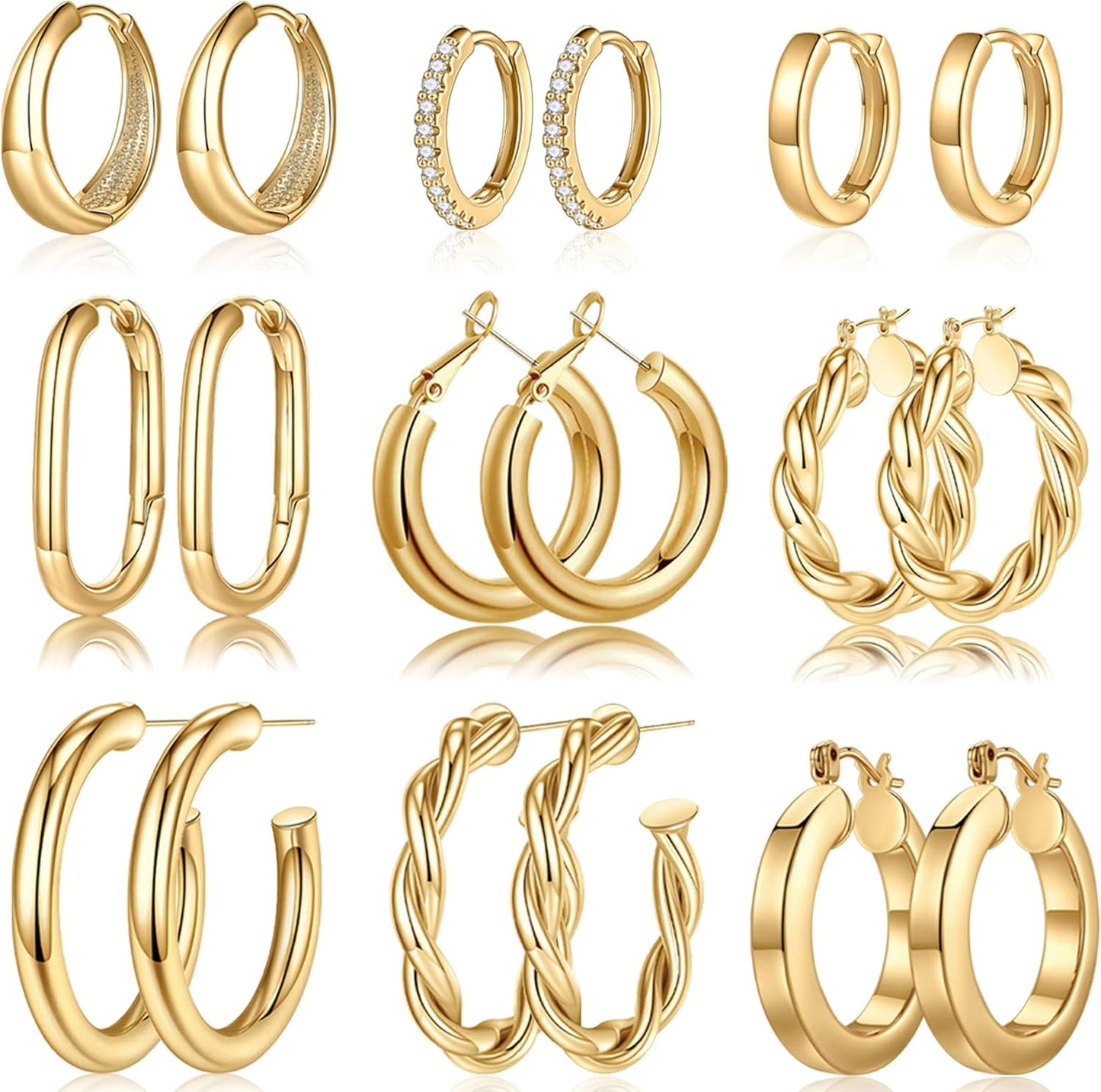 Yesteel 9 Pairs Gold Hoop Earrings for Women, 14K Real Gold Plated Chu