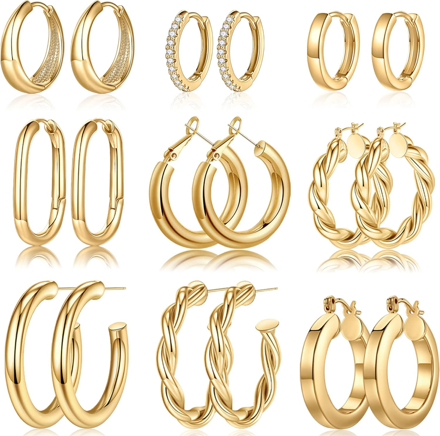 Yesteel 9 Pairs Gold Hoop Earrings for Women, 14K Real Gold Plated Chu