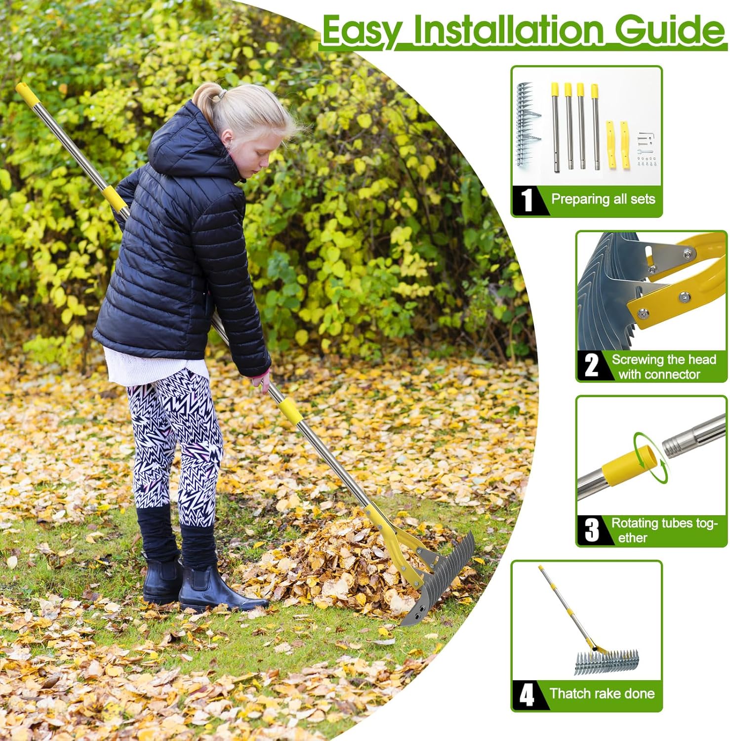 2-in-1 Thatch Rake for Lawn 55" Long Stainless Steel Thatching Rake wi