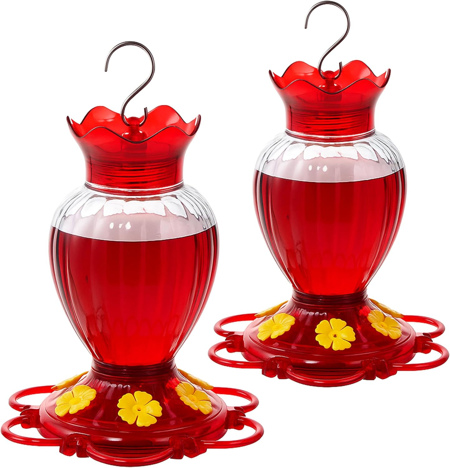 Backyard Expressions Hummingbird Feeder Set of 2 – Large 20 Oz Plastic Feeders for Outdoors with 6 Flower Ports, Built-in Ant Moat & Bee Guards, Wide Mouth Easy Fill, 2-Part Base for Fast Cleaning