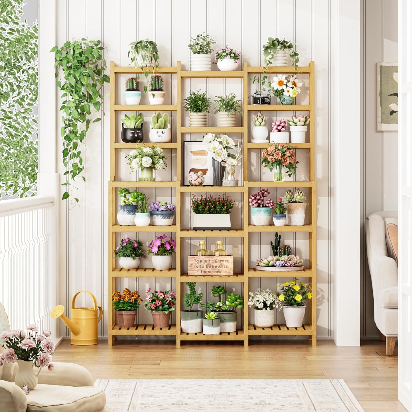 FOTOSOK Bamboo Shelf, 7 Tier Plant Stand Indoor, 3 Row Ladder Shelf, Bookshelf and Bookcase, Plant Shelves with Adjustable, Corner Display Stands, Flower Stand for Living Room Balcony Kitchen Natural