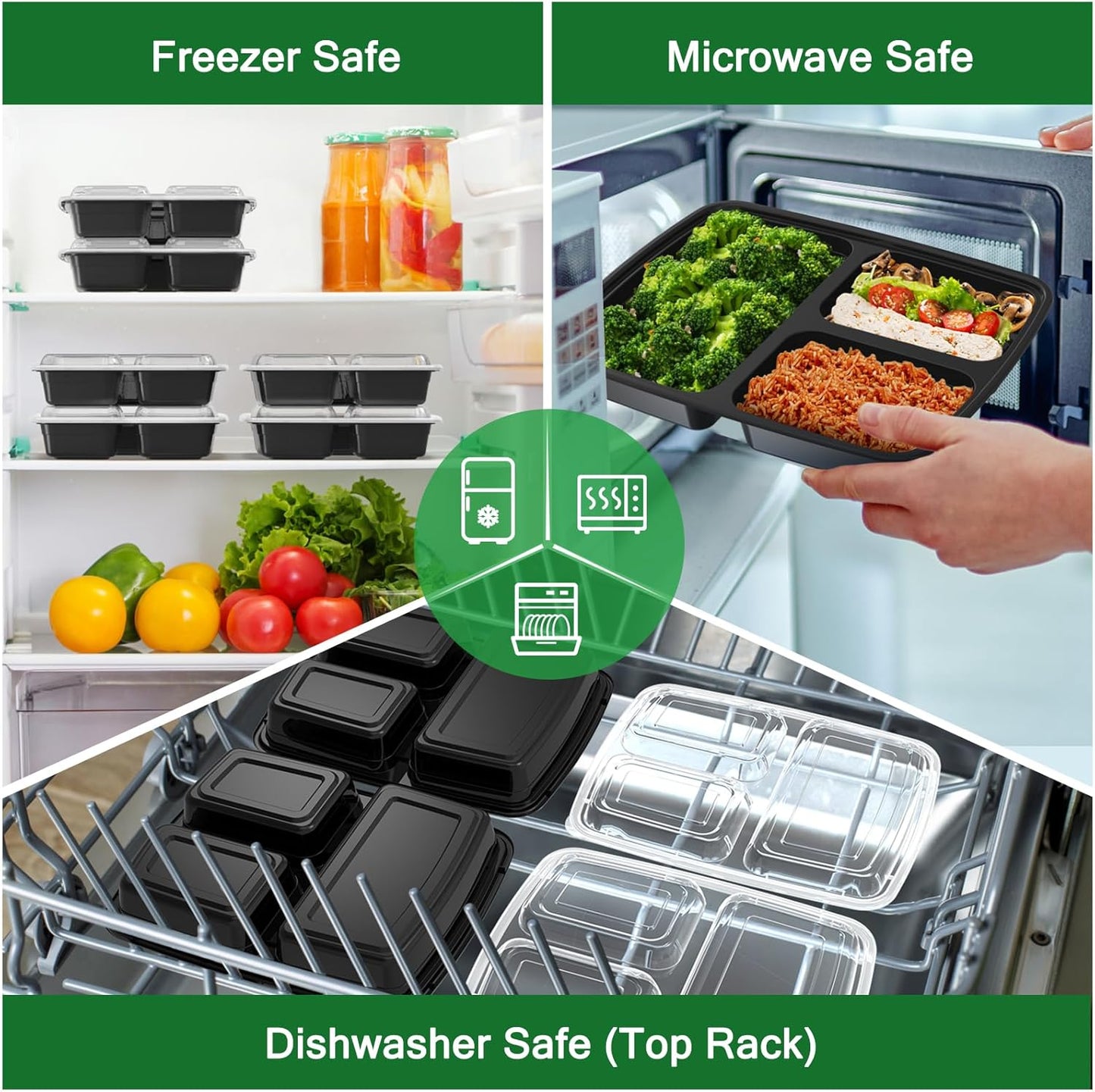 50 Pack (100-Piece) 32 oz Meal Prep Containers Reusable with Lids 3-Co
