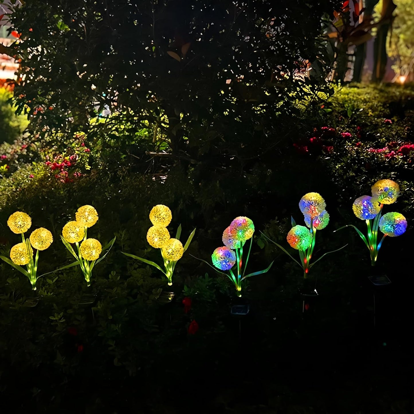 Dandelion Solar Garden Lights, 3-Head 2-Pack - Upgraded Outdoor Flower Lights, Color-Changing Waterproof Solar Outdoor Lights, Suitable for Pathways, Gardens, patios, backyards, Parties (Colored)