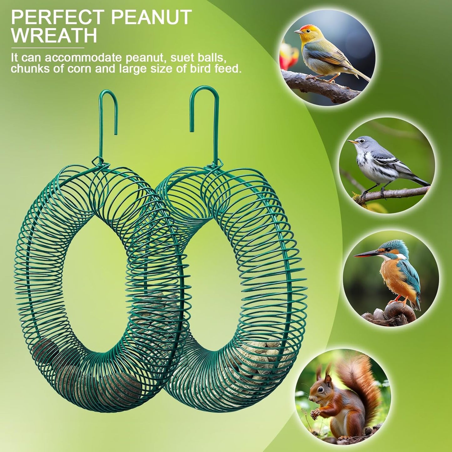 Hugeleaf 2 Pieces Peanut Bird Feeder, Hanging Wreath Feeder Round Metal Whole Wild Bird Feeder with Hanging Hook for Outdoor Birds and Squirrels Feeding, Fat Suet Ball Feeder for Blue Jay, Green