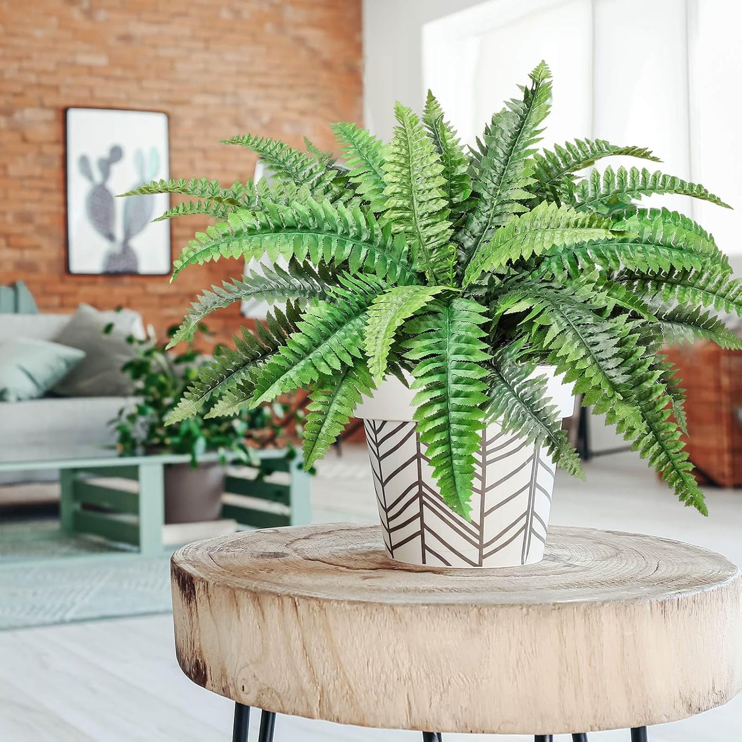 23.6'' Fake Ferns Potted Plant, Artificial Boston Ferns in Pot 34 Leaves, Faux Boston Bush Artificial Greenery for Outdoor Indoor Patio Garden Farmhouse Windowsill Porch Home Decor