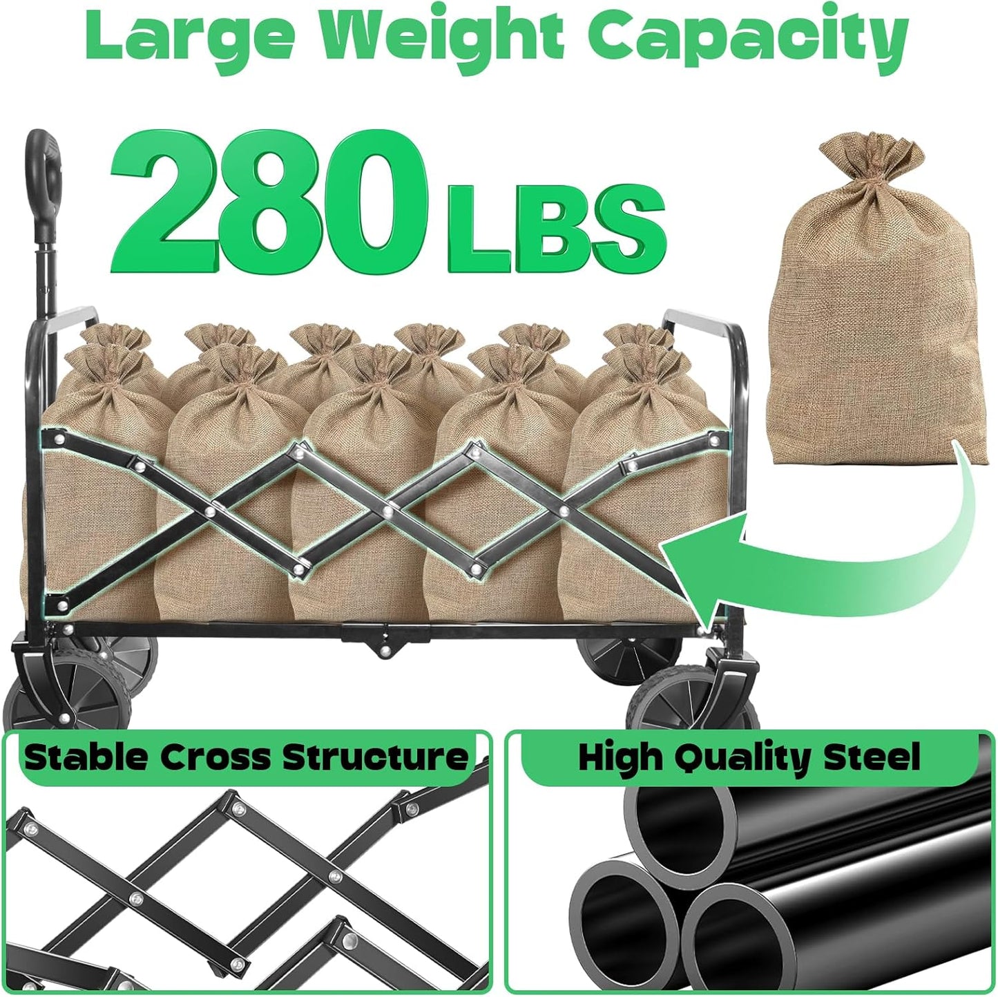 Collapsible Wagons carts Foldable Wagon, 280lbs Folding Wagon Cart with Wheels, Utility Camping Cart for Camping Picnic Grocery Sports Garden