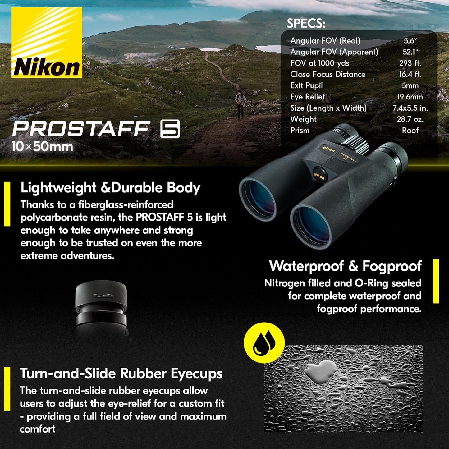Nikon PROSTAFF 5 10x50mm Binoculars - High-Definition Multilayer-Coated Optics, Waterproof Fogproof Lightweight Outdoor Binoculars for Birdwatching, Hiking, Nature Observation (7572)