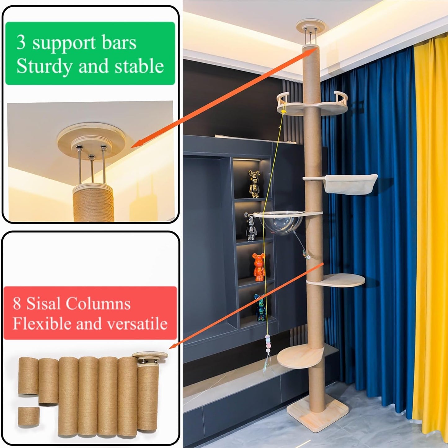 Floor to Ceiling Cat Tree Height (50-120in) Adjustable Cat Tower 5 Tie