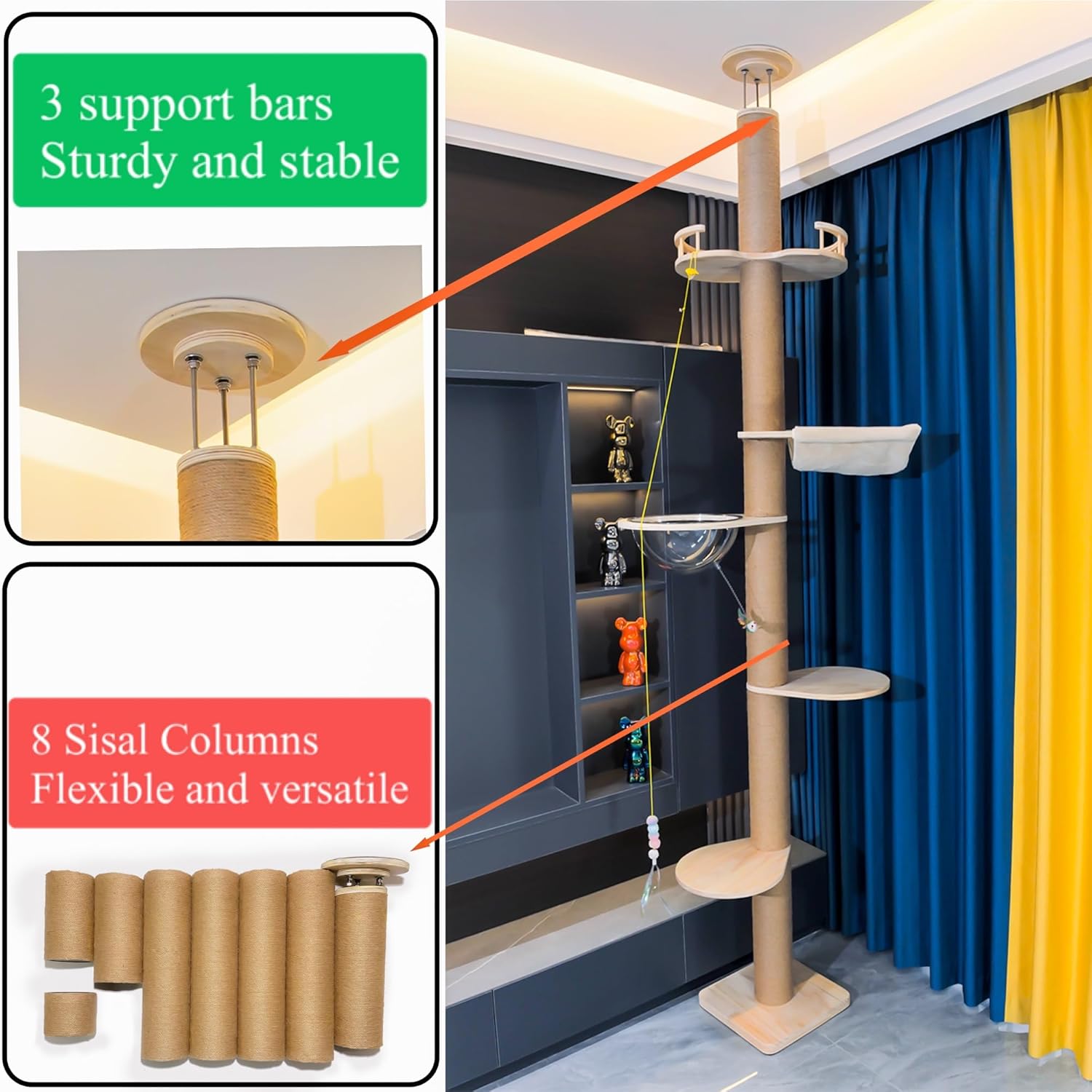 Floor to Ceiling Cat Tree Height (50-120in) Adjustable Cat Tower 5 Tie