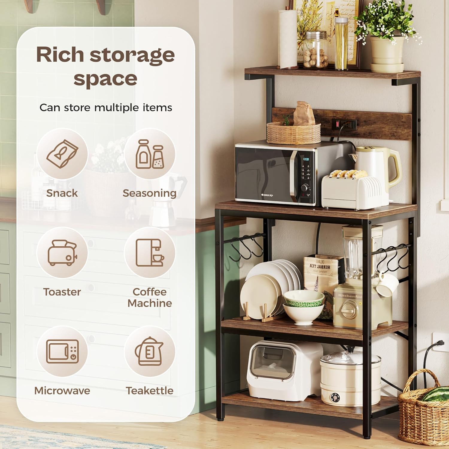 SUPERJARE Kitchen Bakers Rack with Power Outlet, Coffee Bar Table 4 Ti