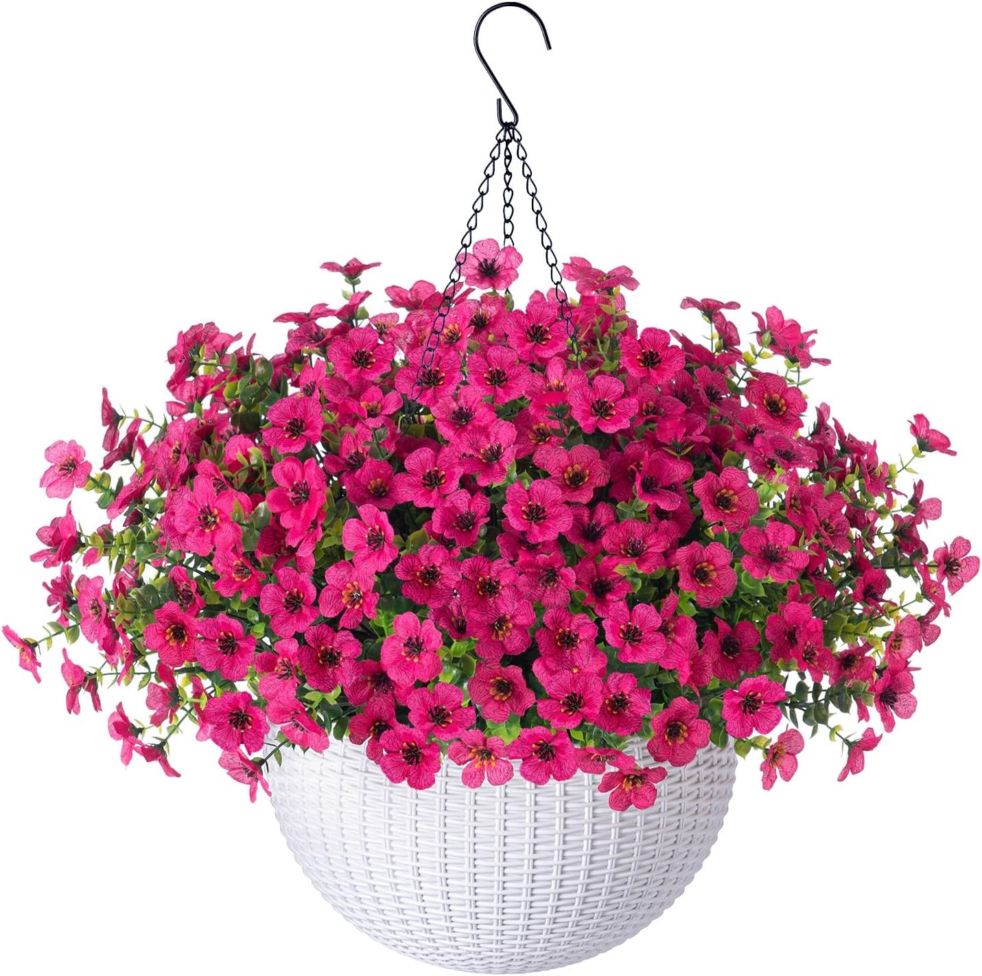 HyeFlora Artificial Faux Hanging Flowers Plants Basket for Outdoor Outside Porch Spring Decoration, Fake Silk Hotpink Daisy UV Resistant Look Real in Planter for Home Patio Balcony Garden