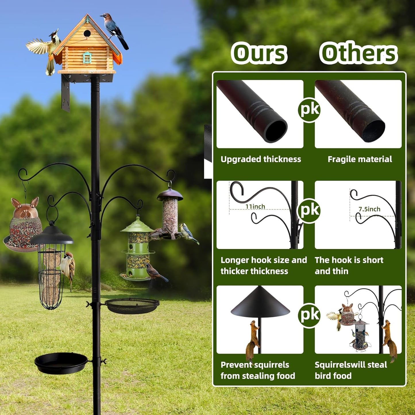 Bird Feeder Pole - 92 Inch Heavy Duty Birdhouse Stand with Squirrel Proof Baffle for Outdoor, Adjustable Bird Feeding Station with Multi Shepherds Hooks Mental Trays for Garden Attracting Wild Birds