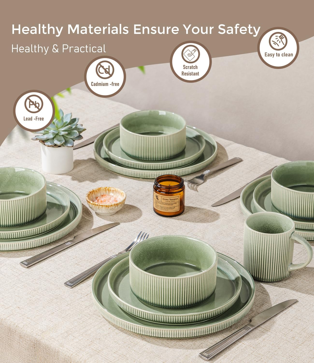 GBHOME 24-Piece Stoneware Dinnerware Set for 8 – Ribbed Ceramic Plates