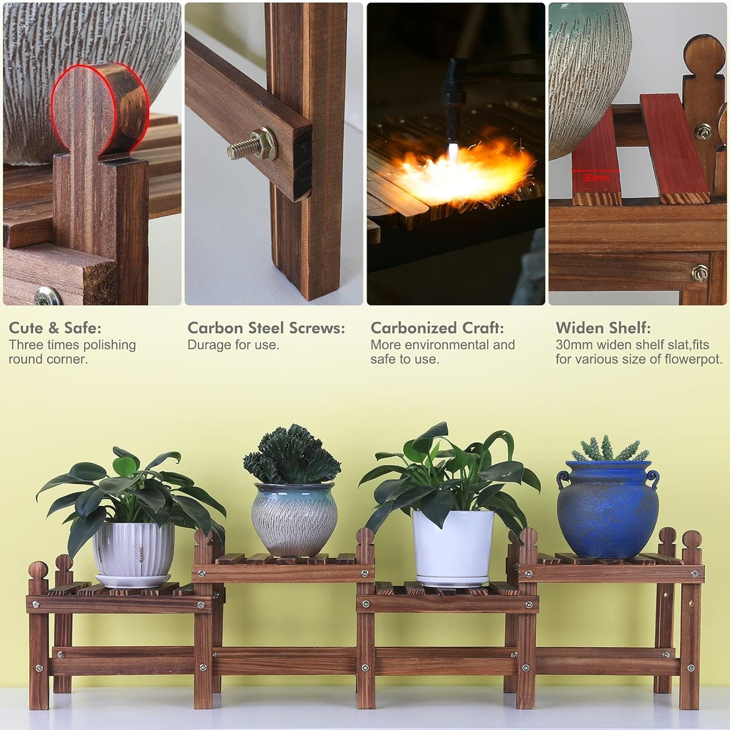 Wood Plant Stand Indoor Outdoor,4 Tiers Plant Stand Bench Indoor,Low W