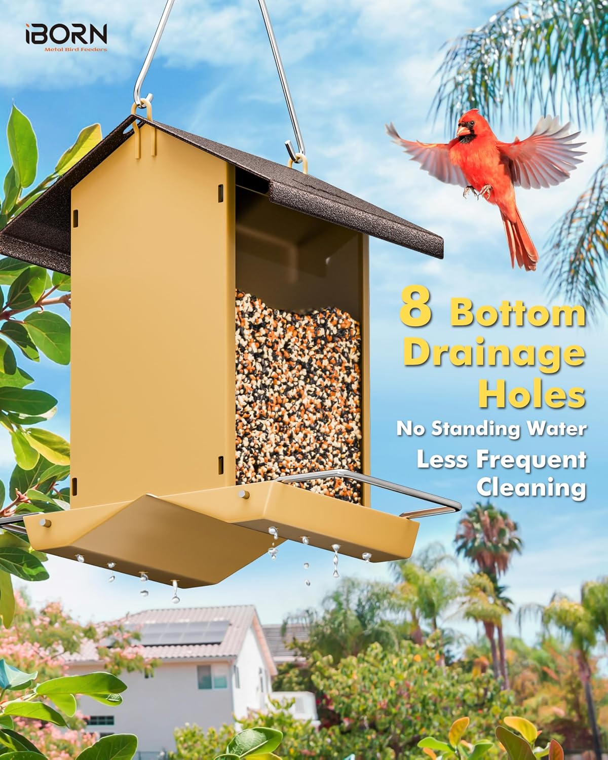 iBorn Bird Feeders for Outdoors,Bird Feeder with Weatherproof Metal Roof & 8 Drain Holes,Fully Detachable Birdfeeder Design,Easy to Refill & Clean,Chew-Proof PC Windows,3.2 Lbs Capacity,Coffee Roof
