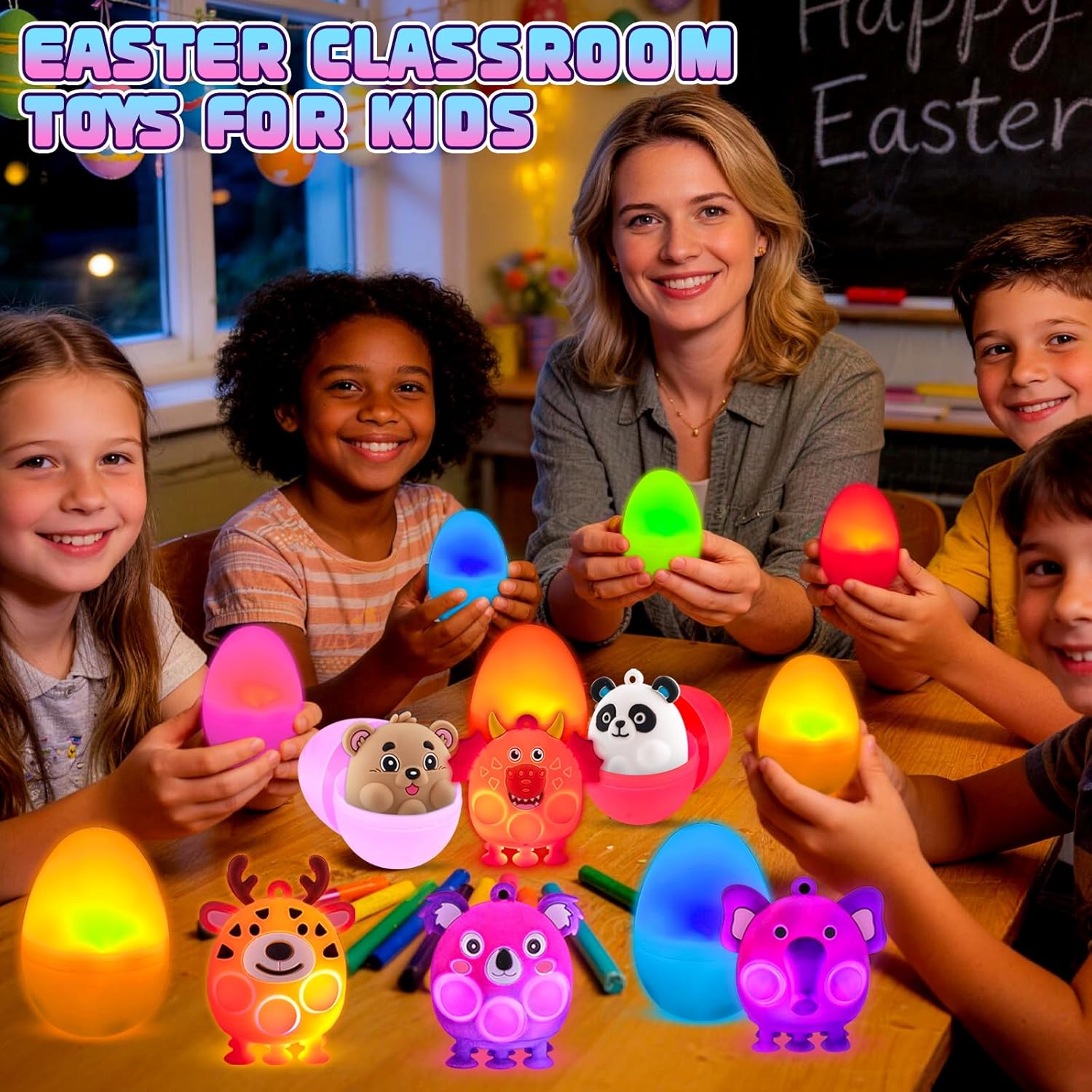 Prefilled Easter Eggs with Light Up 3D Animal Pop Toys, 24 Pack Easter