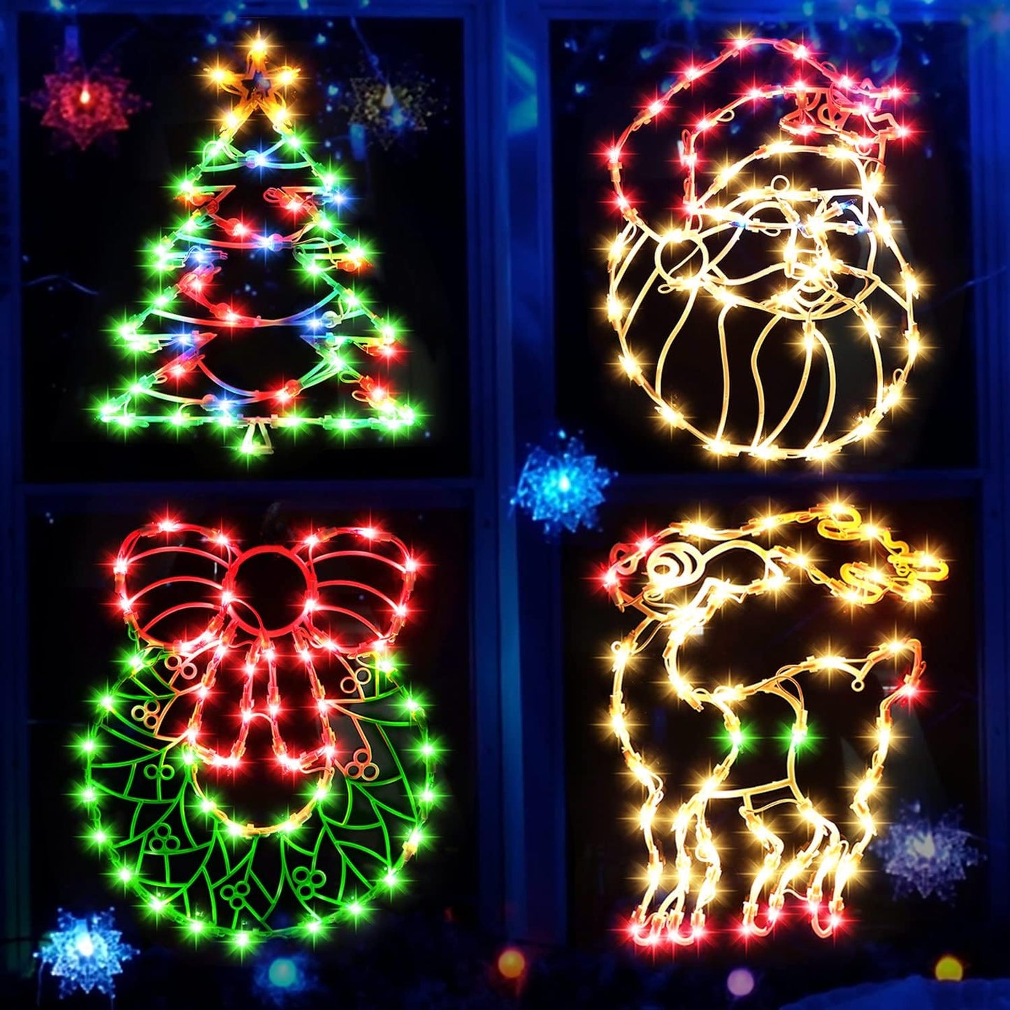 SANEIYA 16 Inch Christmas Window Silhouette Lights Decorations, 4 Pack Waterproof Window Hanging Lights Elk, Christmas Tree, Santa Claus, Wreaths for Party, Home Indoor Outdoor Wall - 200 Mini Bulbs