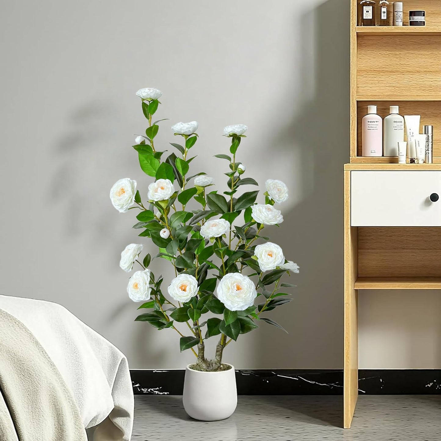 2pcs Artificial Camellia Tree 38 inch, Faux Plants Outdoor Artificial Flowers, White Tree with Planter Pot & 24 Flowers, for Home Indoor or Outdoor Decor