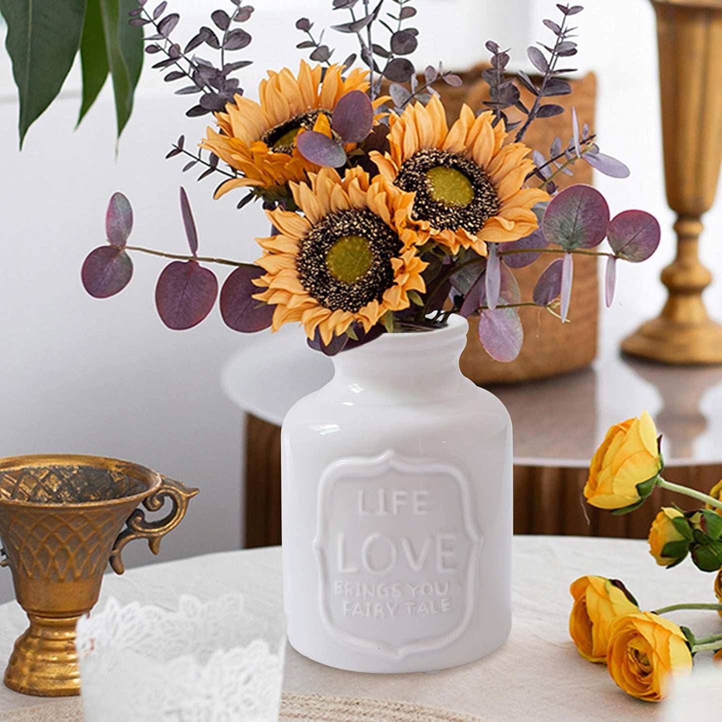 Soyizom White Rustic Ceramic Vases Farmhouse French Decorative Floral Vase Flower Arranging Pottery Vase Vintage Milk Can Planter Pot for Tabletop, Kitchen, Office,Living Room Decoration