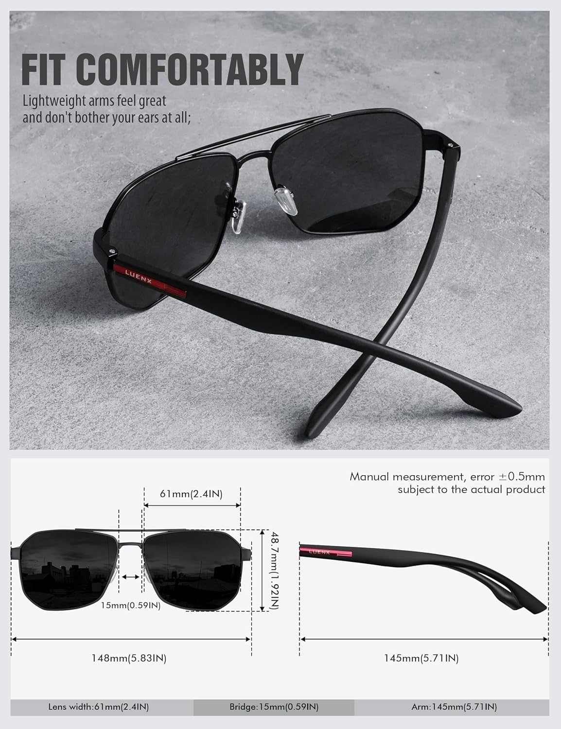 LUENX Aviator Sunglasses for Men Square Polarized Polygon Lens - UV 40