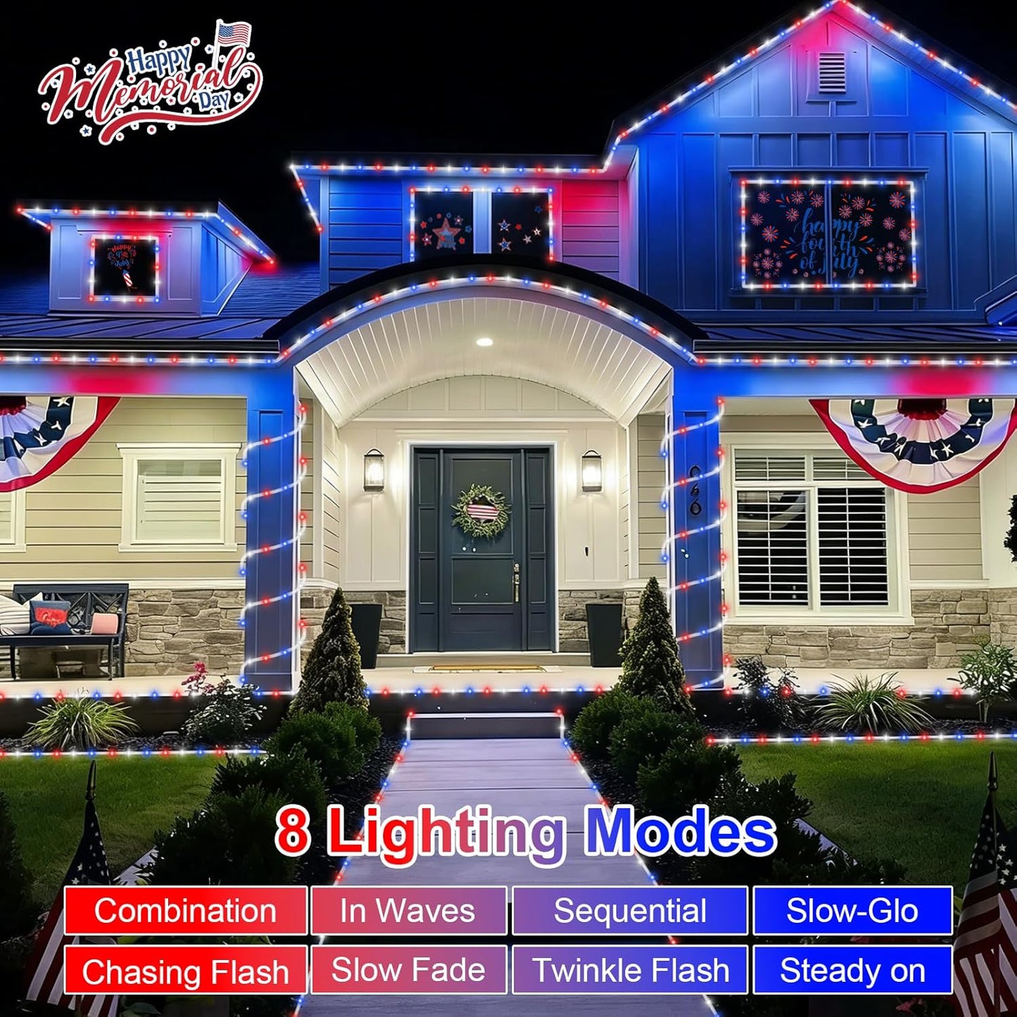 QITONG Red White Blue Solar Rope Lights, 66ft 200 LED 4th of July String Lights, 8 Modes Fairy Lights in Clear Thin Tube for Patriotic Independence Memorial Day Decor