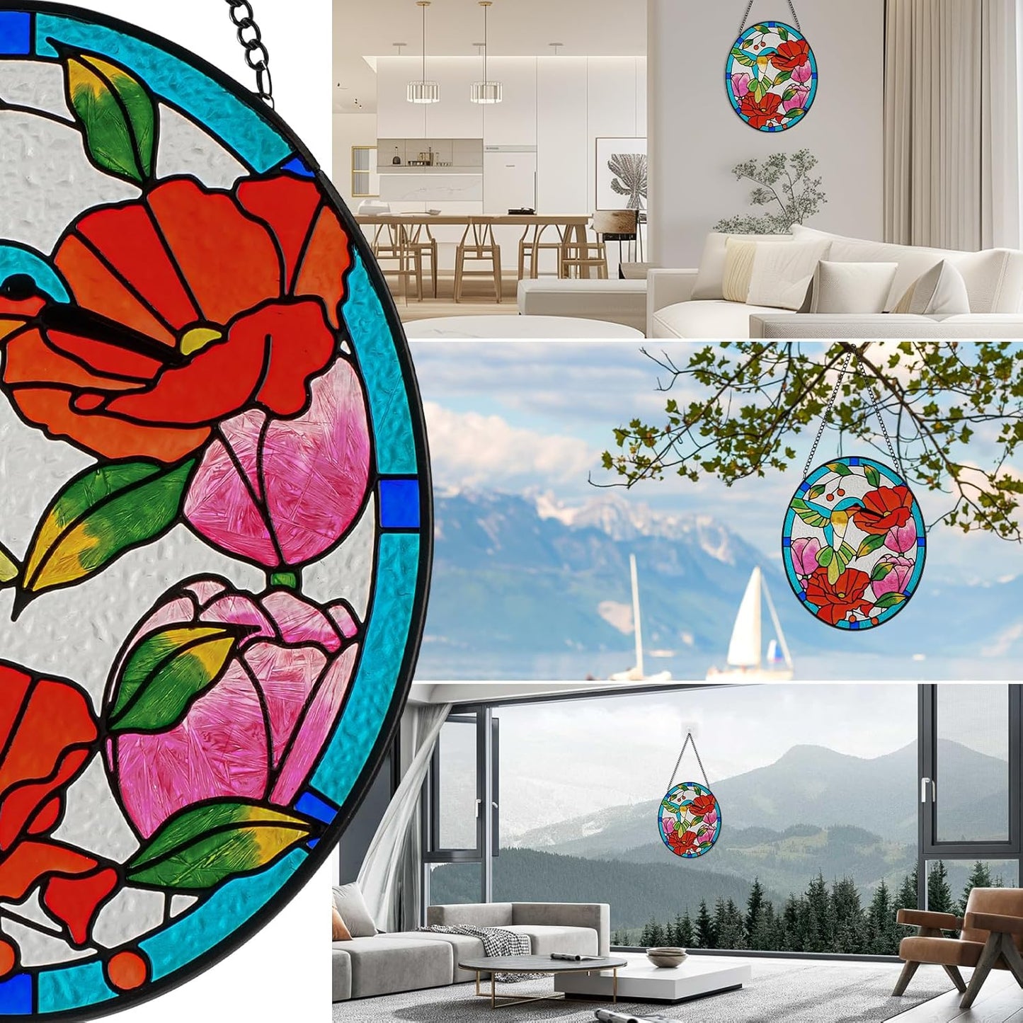 Stained Glass Window Hangings Decor Hand-Painted Pendant Suncatcher Panel with Chain (10x8 Hummingbird)
