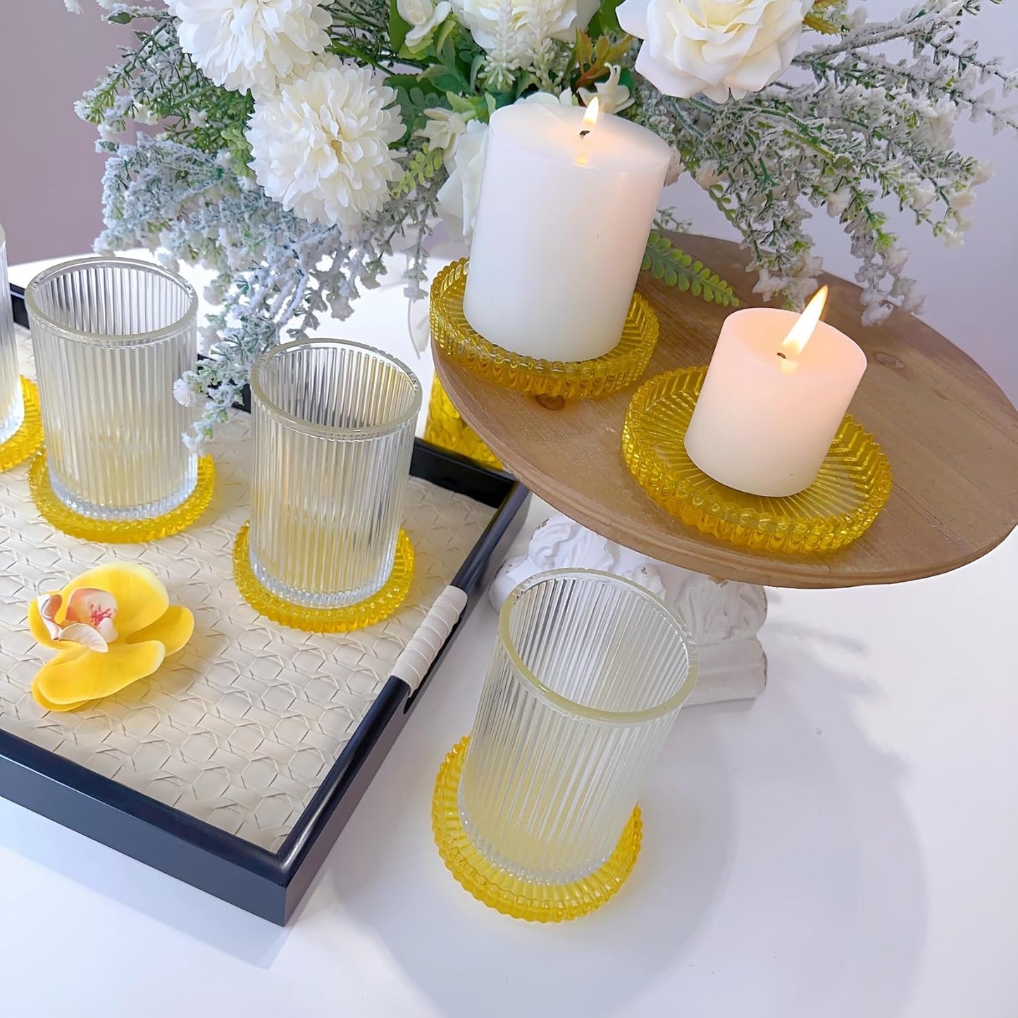 3.8 Inch Yellow Glass Pillar Candle Holder Plates Set of 2 Coaster Holder Round Candle Stand for Table Centerpieces, Wedding,Party,and Home Decor