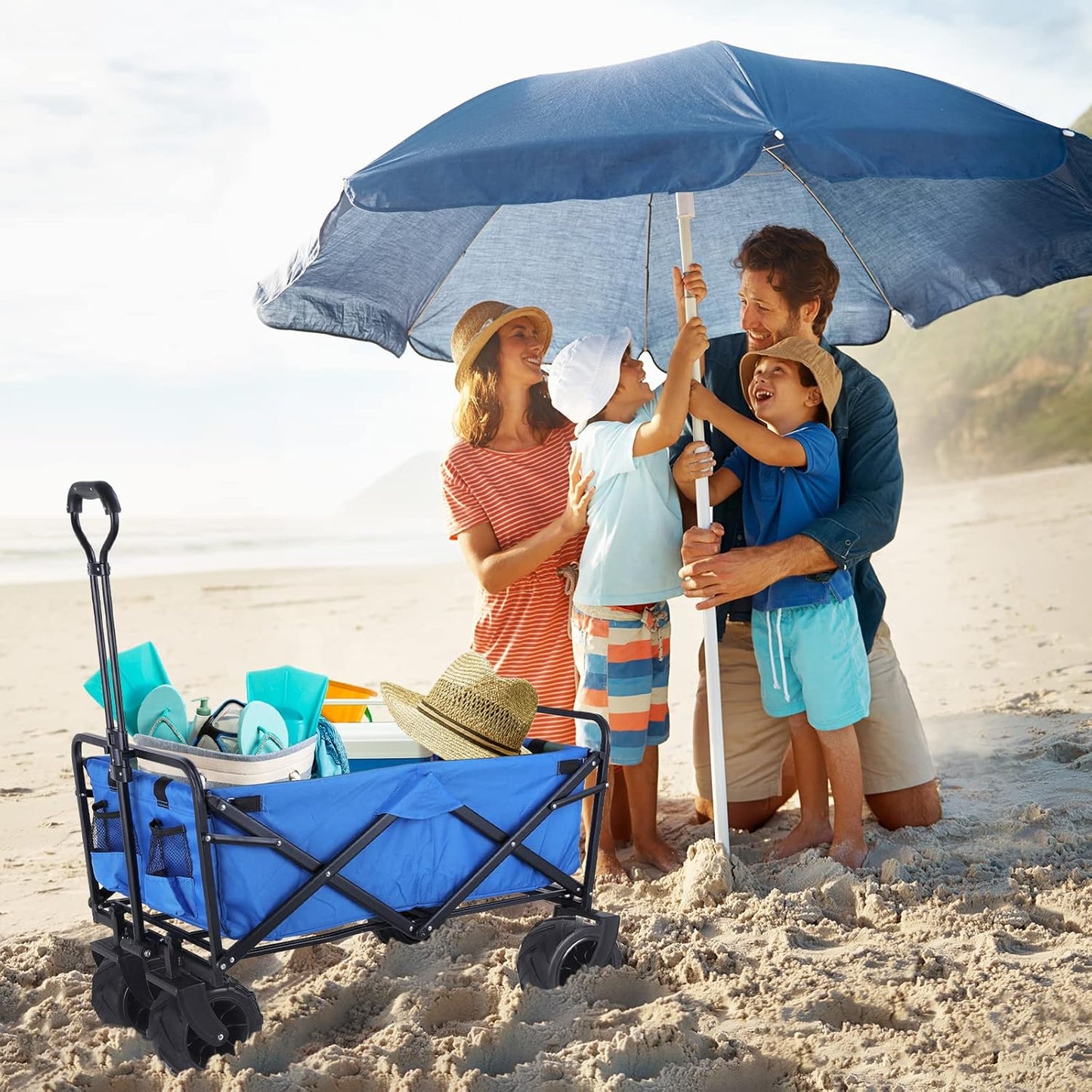 330lbs Heavy Duty Collapsible Wagon - All-Terrain 360° Wheels, Drink Holders, Beach Utility Cart - Foldable, Portable for Sand, Camping, Grocery, Garden - Outdoor Sports & Shopping Essential