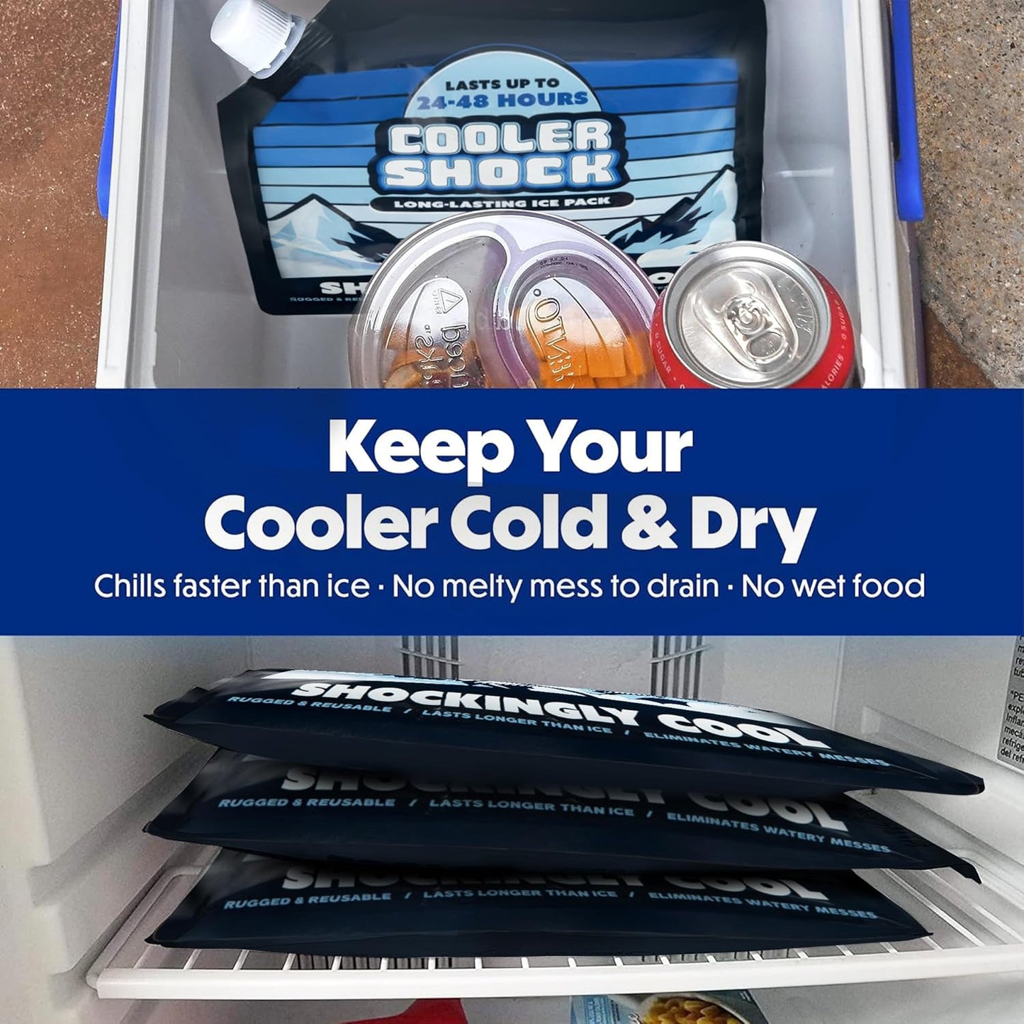 Cooler Shock Reusable Ice Packs for Cooler - Long Lasting Cold Freezer Packs for Coolers and Lunch Boxes - Cooler Ice Packs for Camping Gear, Fishing, Road Trips, Beach Must Haves