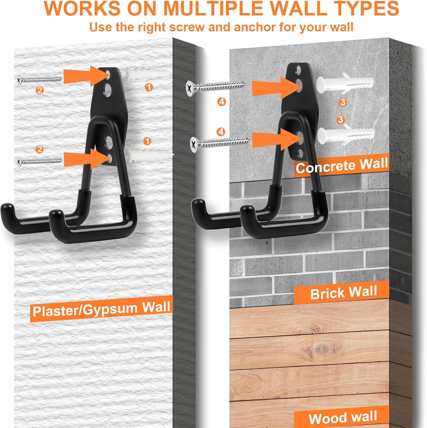 12 Pack Garage Hooks Heavy Duty, Wall-Mount Storage Hooks with Non-Slip Coating, Includes Screws & Anchors + 2 Extension Cord Straps, Shed Hooks for Hanging Bikes, Ladders, Garden Tools, Hoses, Ropes