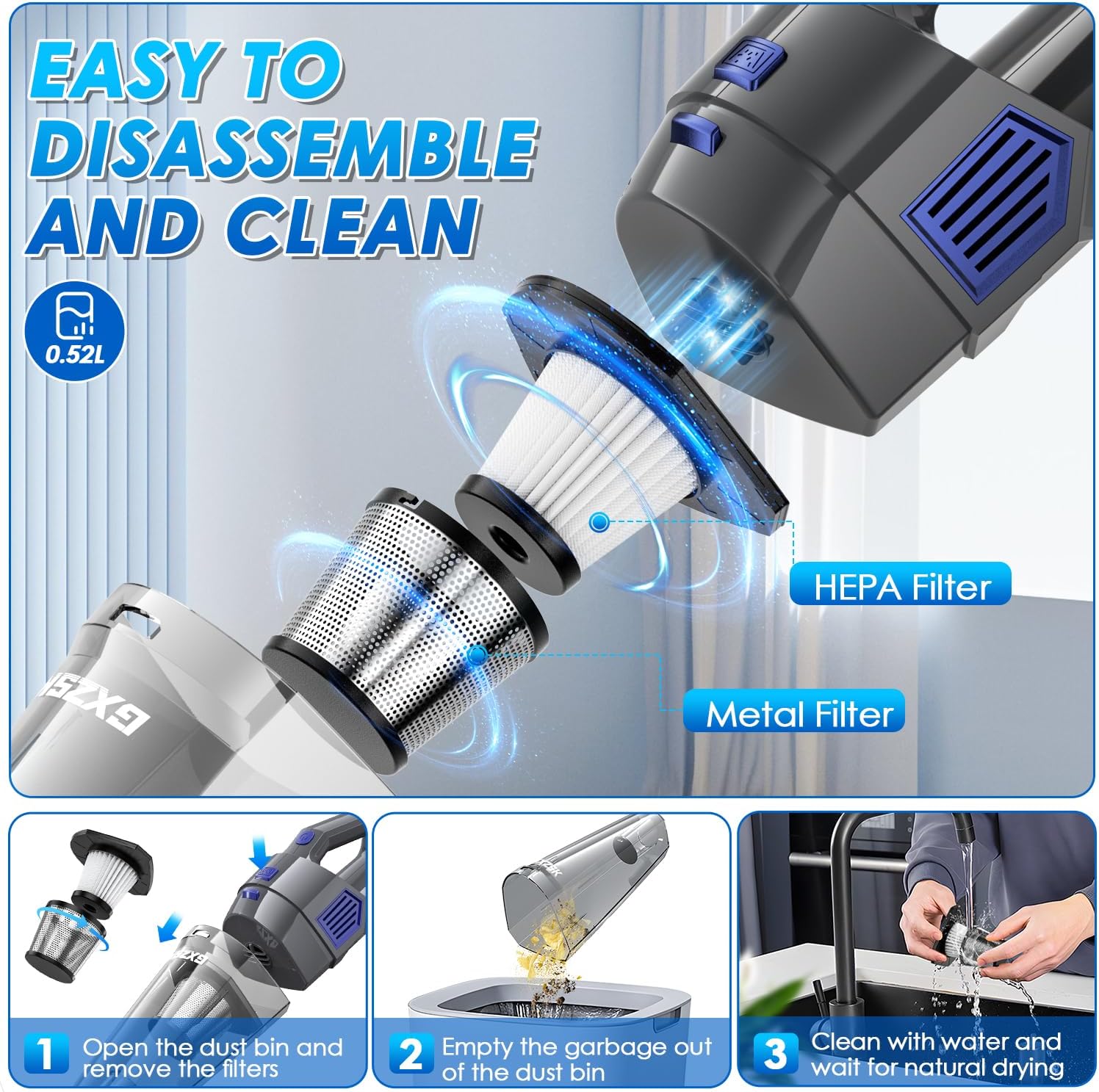 Handheld Vacuum Cordless, 15000PA Strong Suction Hand Held Car Vacuum 