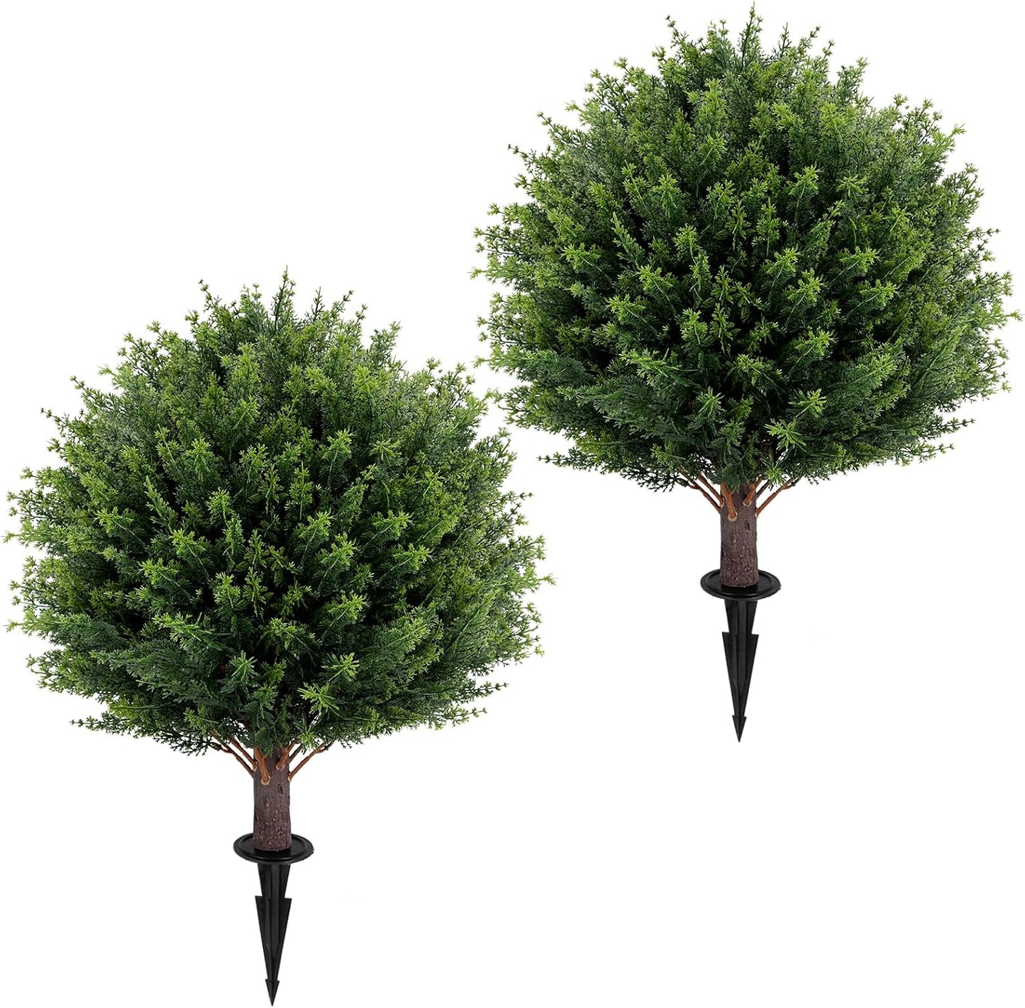 Artificial Cedar Topiary Ball Tree 23" with Ground Spike, Set of 2 Artificial Boxwood Bushes for Faux Shrubs, Fake Evergreen Faux Plant for Indoor Outdoor Porch Garden- UV Resistant – Fade-Proof
